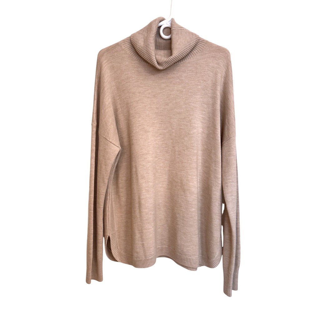 Turtleneck Oversized Knit Sweater Large Tan Beige Neutral Women's Funnel Neck
